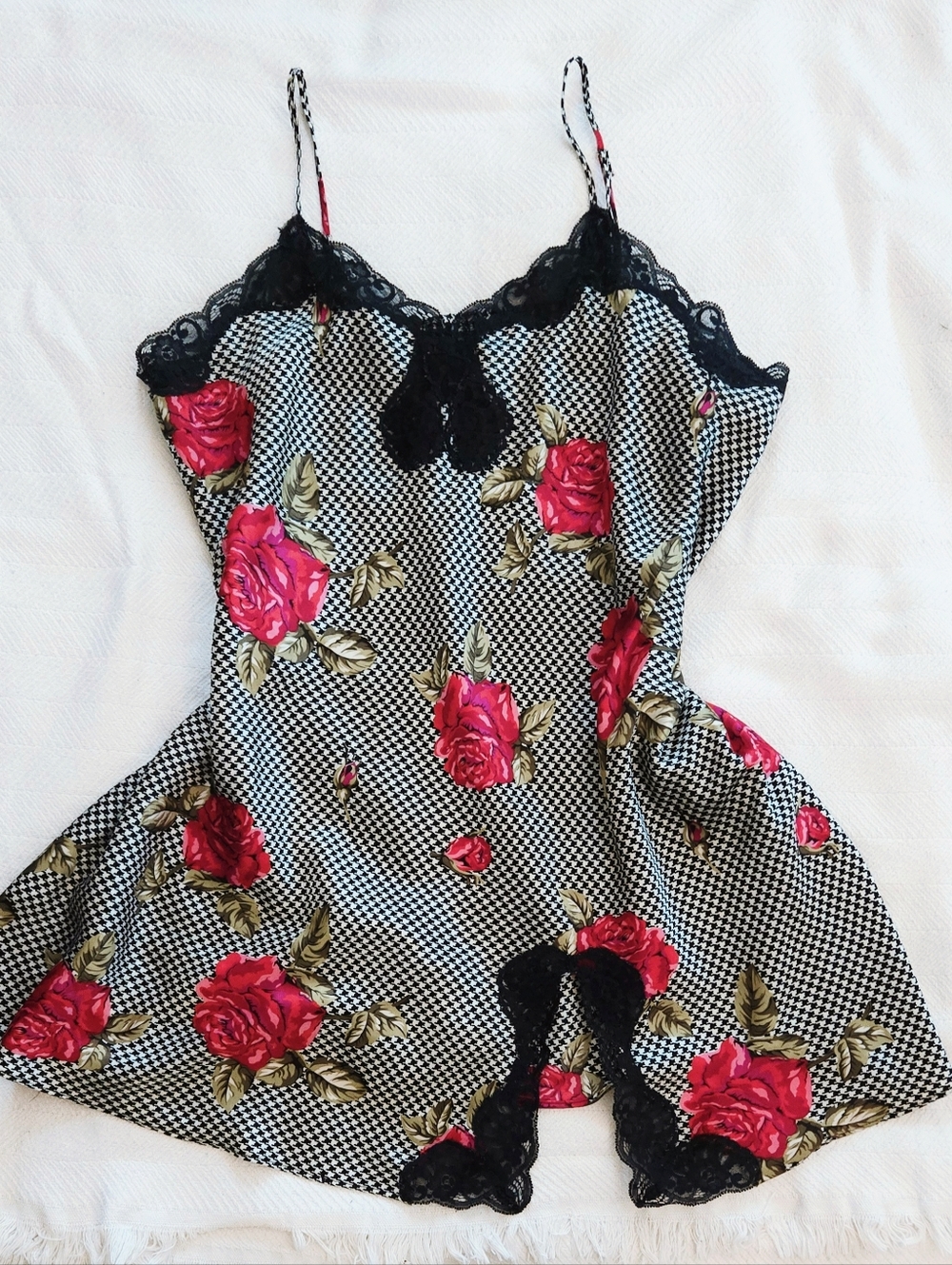 Vintage Solange Floral Lace Trim Satin Chemise - Black & Red Roses